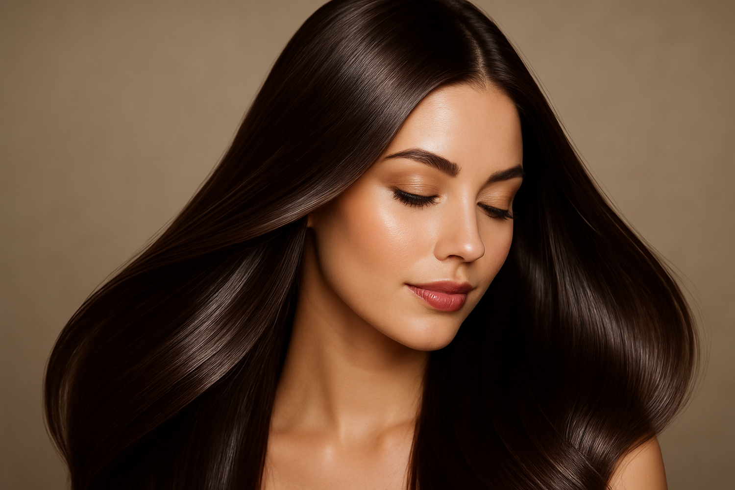 generate an image of a women with smooth, shining and silky hair 